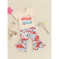 thumbnail image 6 of Aojekbee 4th of July Toddler Girls Outfits Letter Print Crew Neck Short Sleeve T-Shirts Stripe Stars Print Flare Pants 2Pcs Clothes Set, 6 of 10