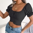 thumbnail image 3 of Blusa de gasa tipo corto Cinturón con lazo Espalda Manga abullonada Camiseta de gasa plisada para citas Lady Negro L, 3 of 6