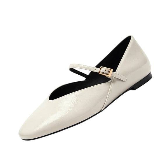 CIENVNSTG Patent Leather Flats For Women Square Toe Mary Jane Ballet Flats Shoes Buckle Strap Dress Casual Comfortable Shoes Beige 35