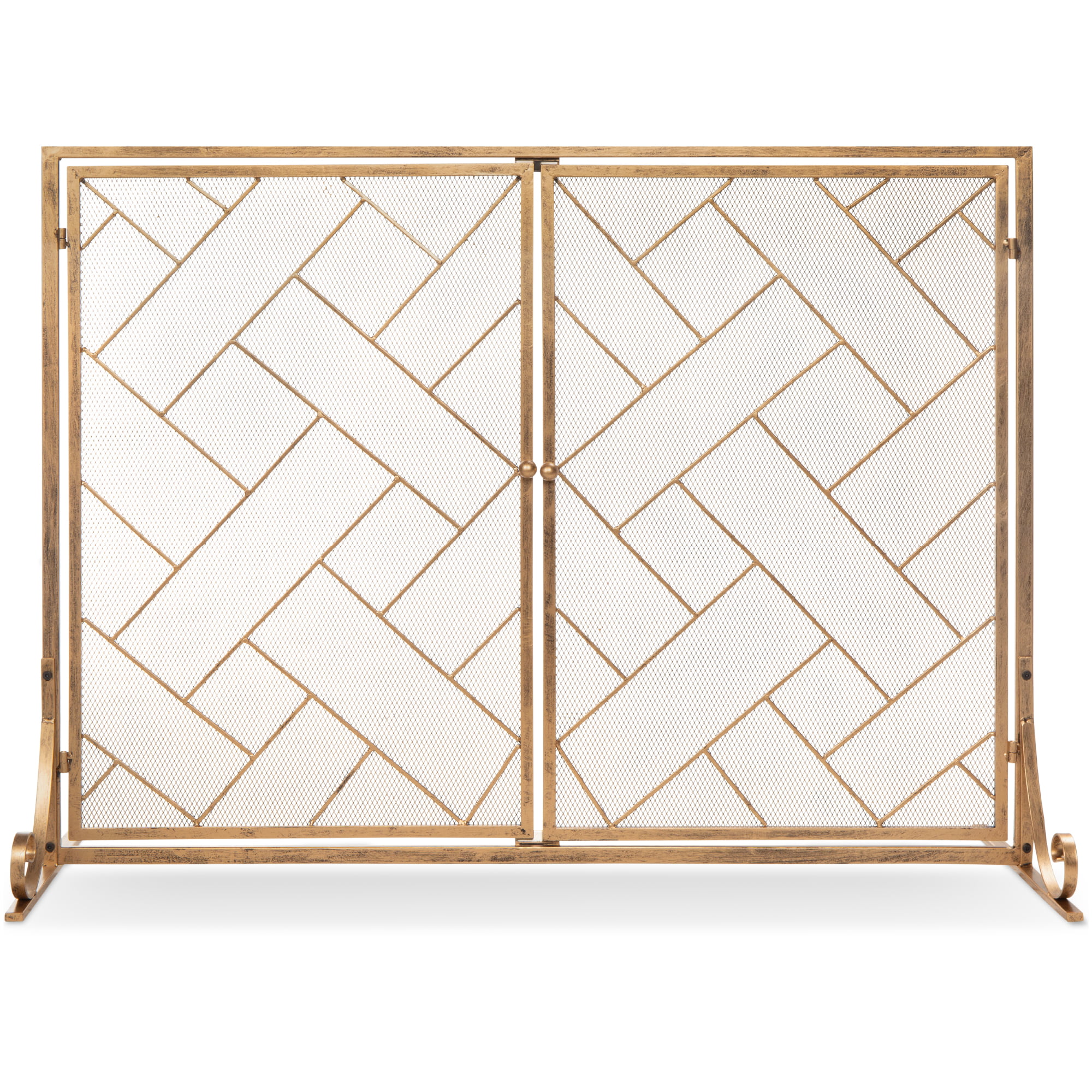 Best Choice Products 44x33in 2-Panel Handcrafted Wrought Iron Geometric Fireplace Screen with Magnetic Doors - Gold