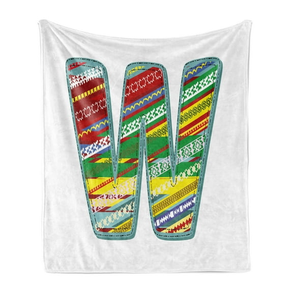 Letter W Soft Flannel Fleece Throw Blanket, W Word with Middle Eastern Boho Forms Merry Christmas Noel Print, Cozy Plush for Indoor and Outdoor Use, 70" x 90", Multicolor, by Ambesonne