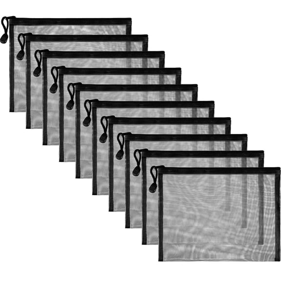 10 Pieces Black Mesh Bags Makeup Bags Cosmetic Travel Organizer Bags Mesh Zipper Pouch Pencil Case, 9.5 x 7.1 Inches