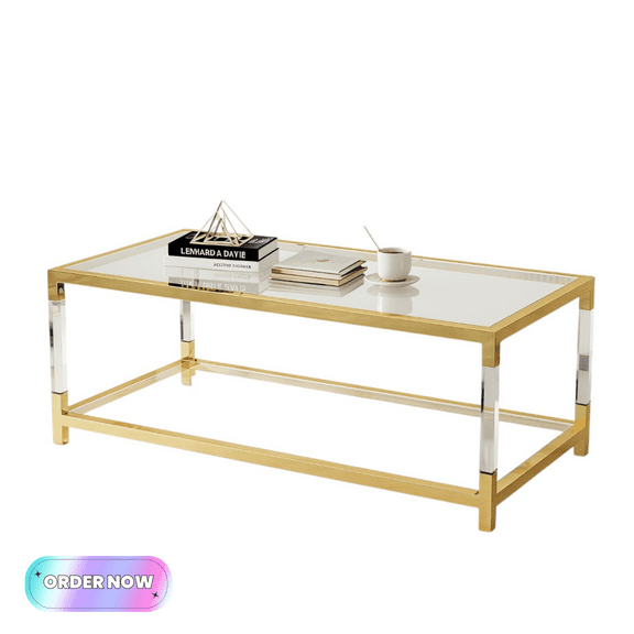 Tcbosik 2-Tier Coffee Table with Glass Top, Modern Cocktail Table with Acrylic Legs, Center Table with Storage Shelf for Living Room, Golden & Clear