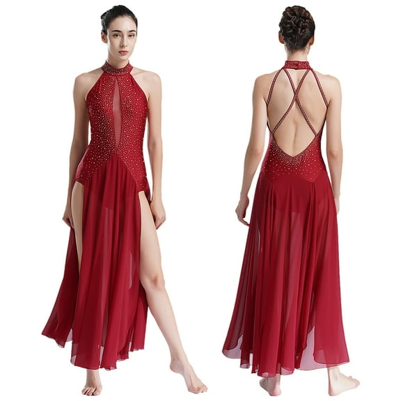 Aiihoo Womens Lyrical Dance Costume Contemporary Modern Dancewear Shiny Rhinestones Split Dress Burgundy S