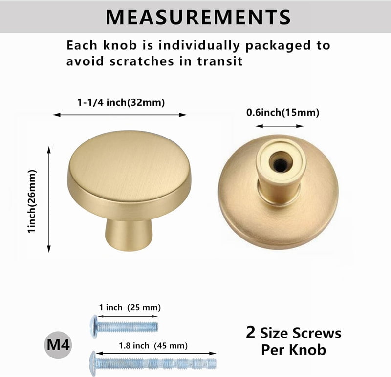 Fitviso 10 Pack 1-1/4 Inch Brushed Brass Kitchen Cabinet Knobs，Solid Dresser Knobs Drawer Knobs For Cupboard Drawer Pulls