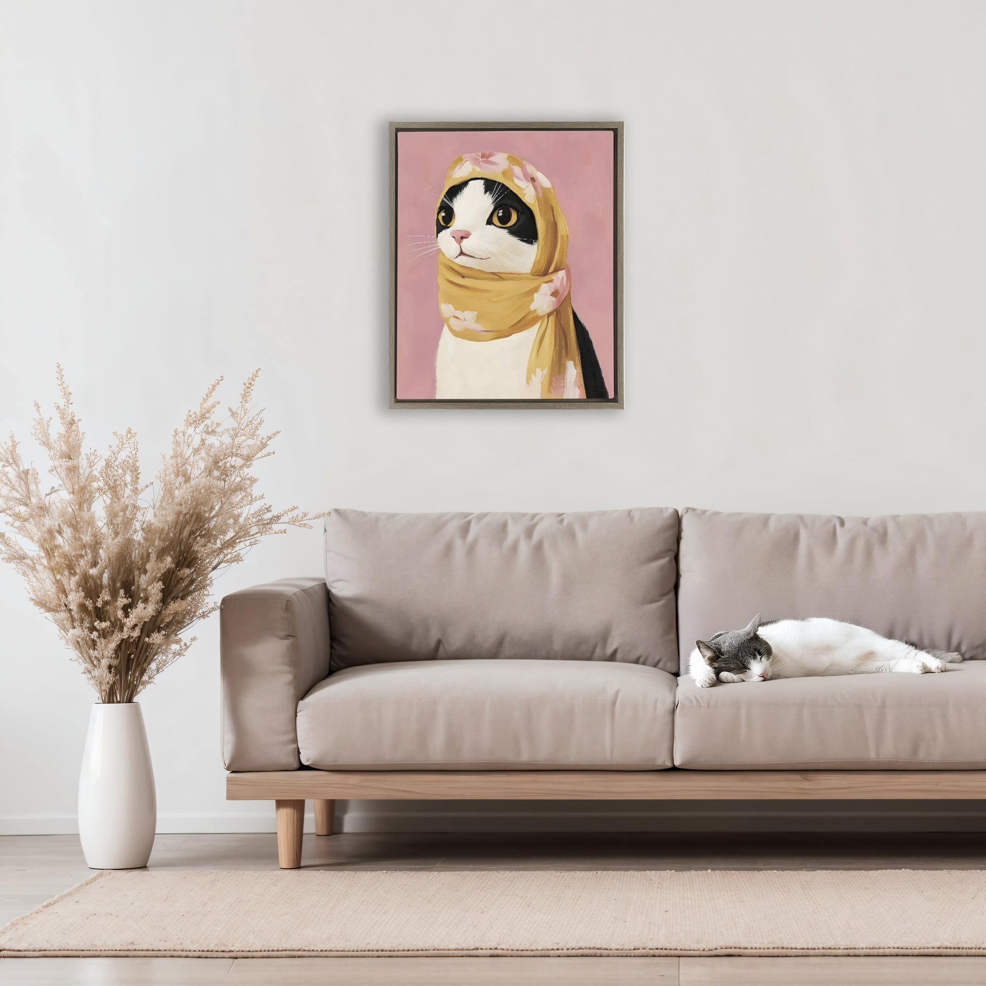 Stupell Industries Cat Babushka in Yellow Scarf Brown Framed Floater Canvas Wall Art, design by The Prints Vibe
