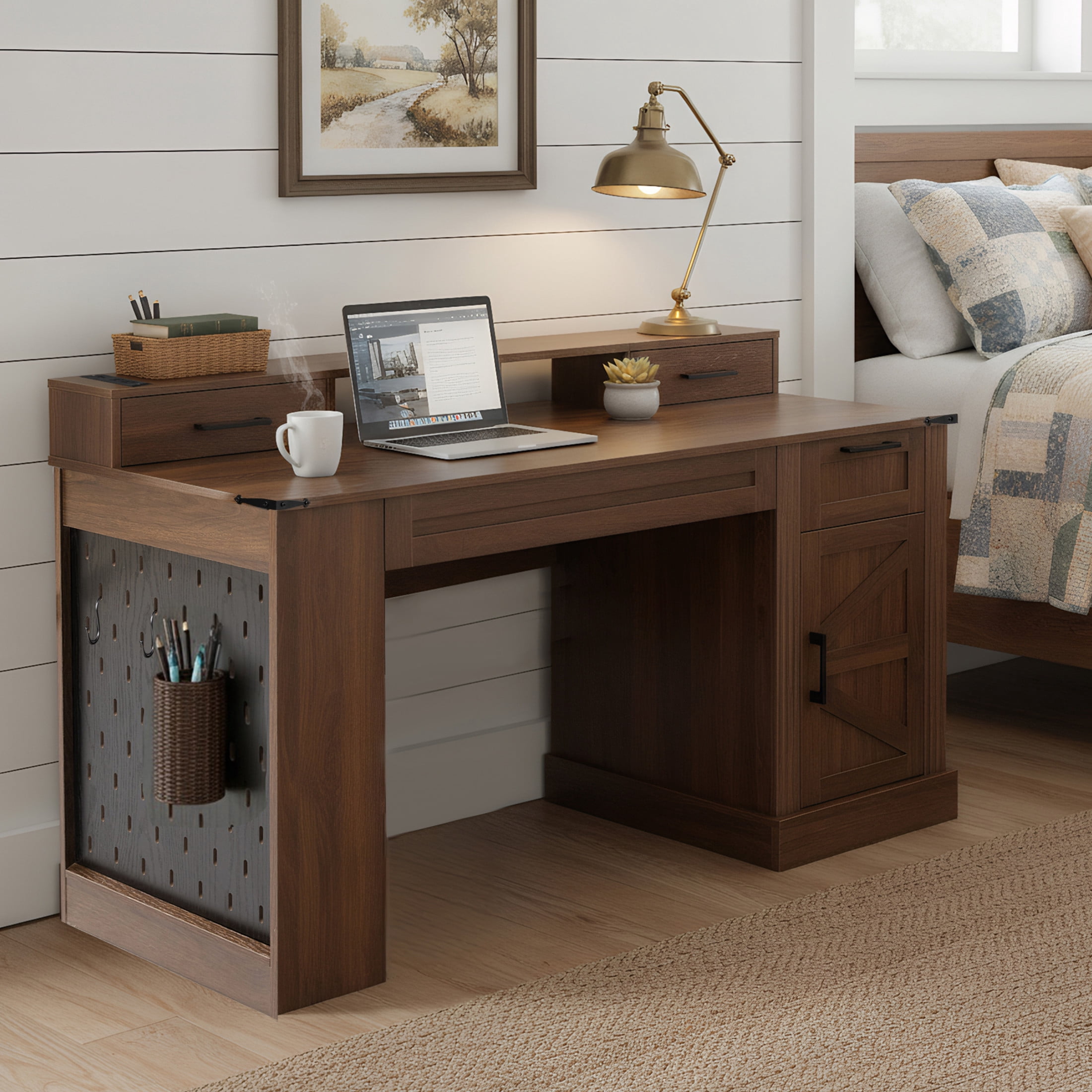 Noble House 55" Office Desk with Storage Cabinet, Charging Station and Keyboard Tray, Dark Walnut