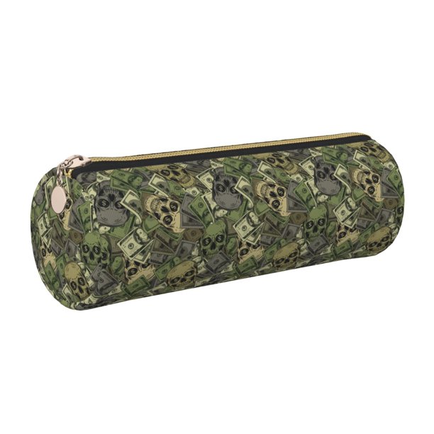 Disketp Green Skulls Estuche Organizador de Lápices de Cuero, Estuche de Oficina con Cremallera para Bolígrafo y Lápiz