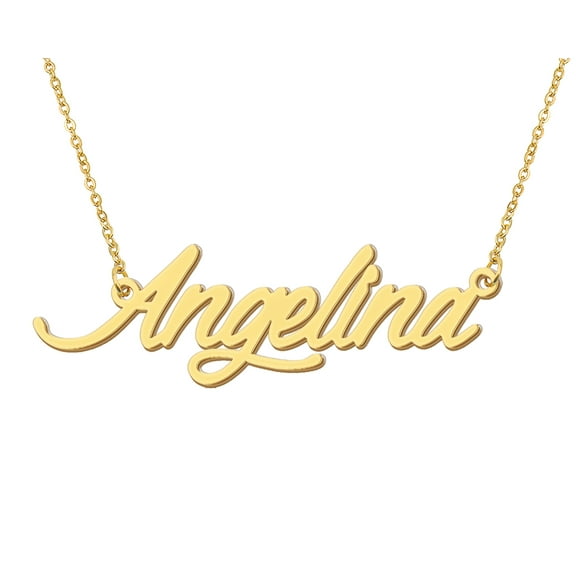 HUAN XUN 18k Gold Plated Angelina Name Necklace Stainless Steel Nameplate Necklaces for Womens Mens Mother Day Christmas Jewelry Gift