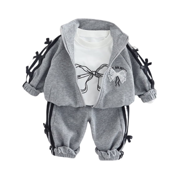 Toddler Girls 3 Piece Outfit Set Including Bow Print T Shirt Zip Up Jacket and Elastic Waist Pants Casual Tracksuit