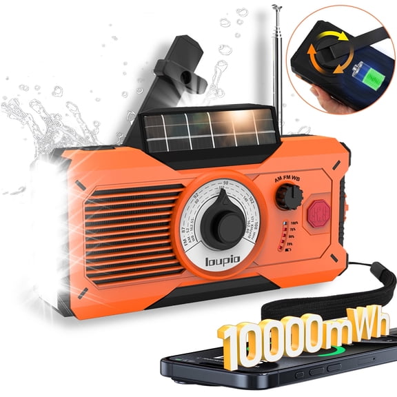 Emergency Weather Radio with AM/FM/WB, 10000mWh Portable Power Bank, 3 Charging Modes,USB, Solar & Hand Crank, Waterproof Flashlight & LED Reading Light, SOS Alarm for Camping, Hurricane