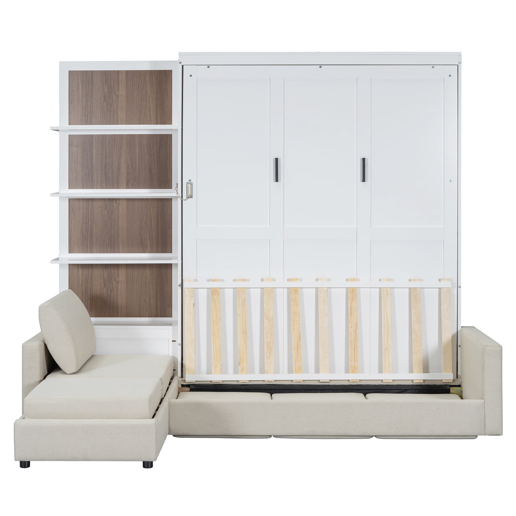 Queen Size Murphy Bed with L Shape Sofa and Open Shelves,Space-Saving for Small Space, Guest Room