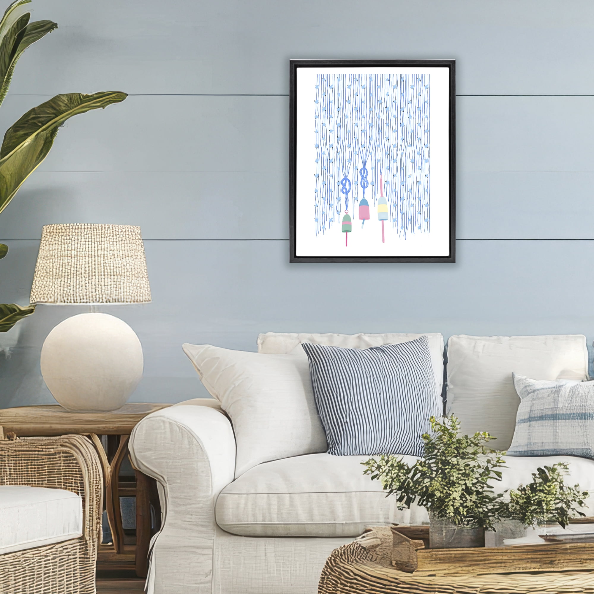 Stupell Industries Hanging Buoys on Ropes Black Framed Floater Canvas Wall Art, design by Melissa Tilley