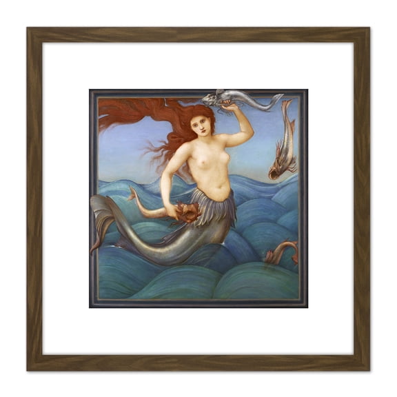 Burne Jones Sea Nymph Mermaid Fish Painting 8X8 Inch Square Wooden Framed Wall Art Print Picture with Mount