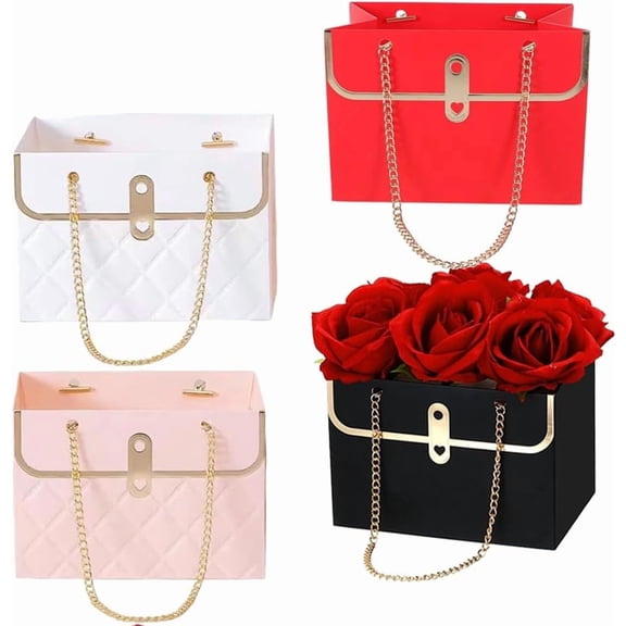 Flower Box Paper Bouquet Storage Bucket, Florist Flower Hand Bag with Metal Chain Waterproof for Gifts Wrapping Supplies Bulk Mother's Day Valentine's Day Women's Day (4 Colors)