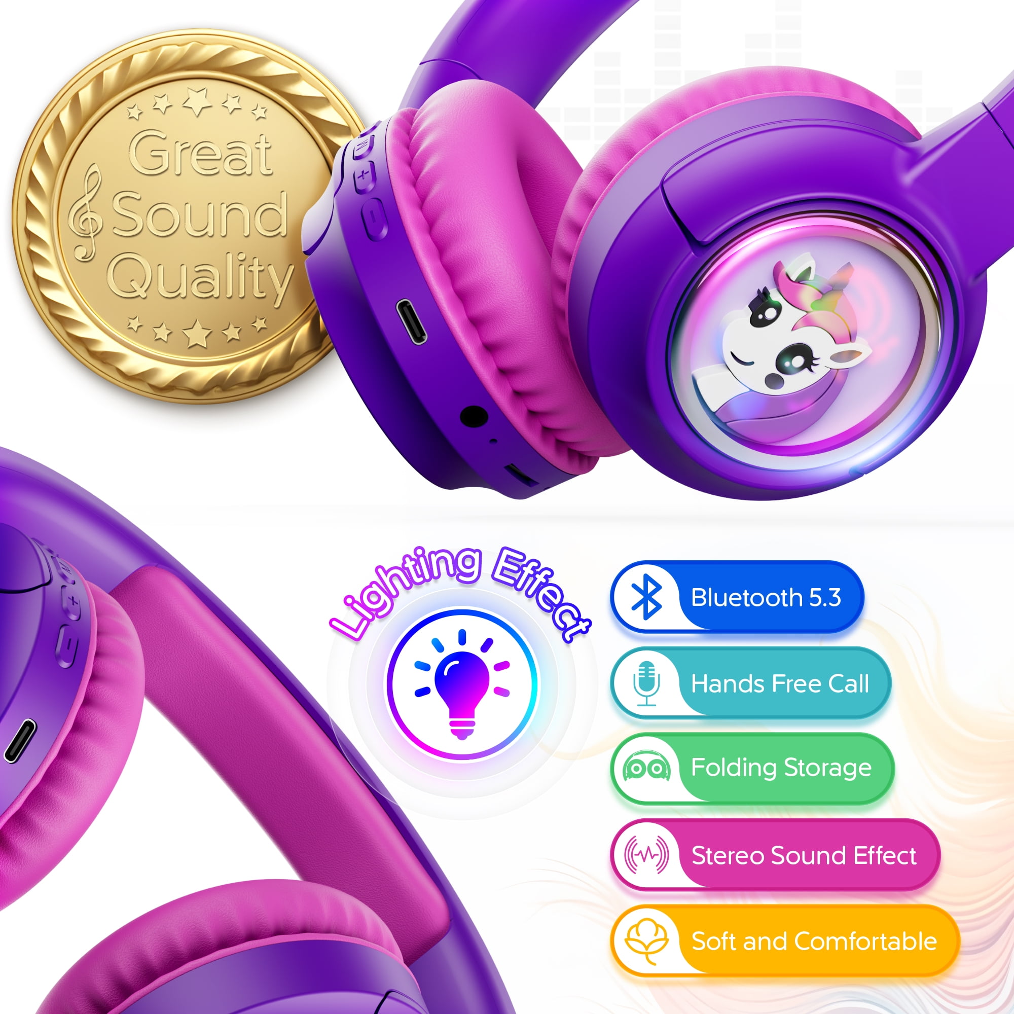Contixo Foldable Kids Headphones with Microphone, Noise-Limiting Bluetooth Headphones, Purple