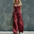 thumbnail image 2 of Women's Spaghetti Strap Cowl Neck Jumpsuit, Front Button High Waist Wide Leg Full Length Loose Solid Color Romper with Side Pockets Wine XL(XL), 2 of 6