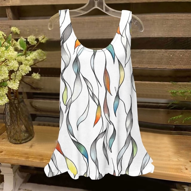 Hauts d'Été pour Femmes 2025, Débardeurs Amples Tendance à Imprimé Floral Col Rond Blouse en Chiffon Sans Manches Décontractée
