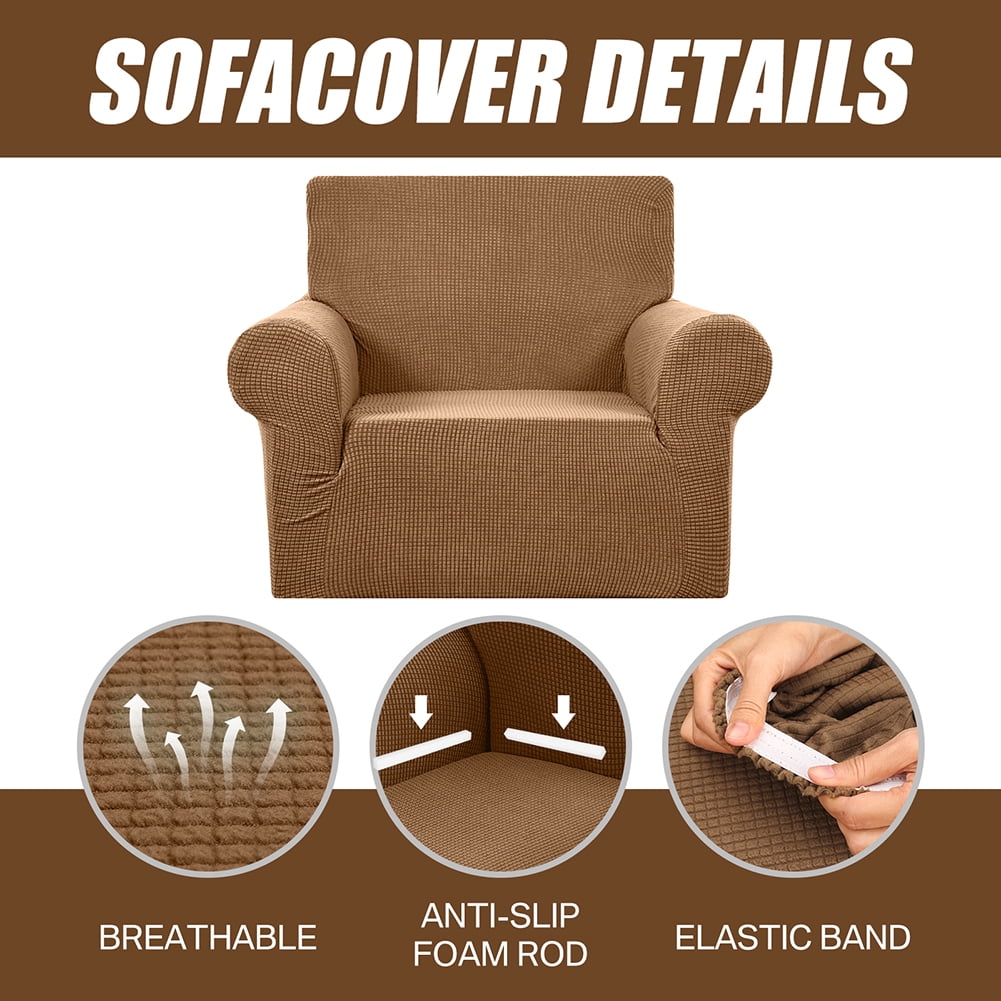 Stretch Sofa Slipcover 1-Piece Sofa Cover Furniture Protector Couch Soft with Elastic Bottom for Kids, Polyester Spandex Jacquard Fabric Small Checks with 1 Pillowcase(3 Seater, Coffee)