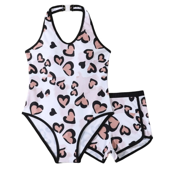 BOBOGOJP Girl's Swimsuit Bow Halter One Piece Bathing Suit with Shorts Cover Up Beach Sports Swimwear White for Size 12-13 Years