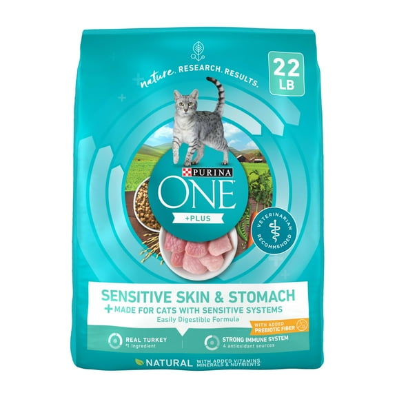 Purina ONE Plus Dry Cat Food Sensitive Skin & Stomach, Natural Turkey, 22 lb Bag