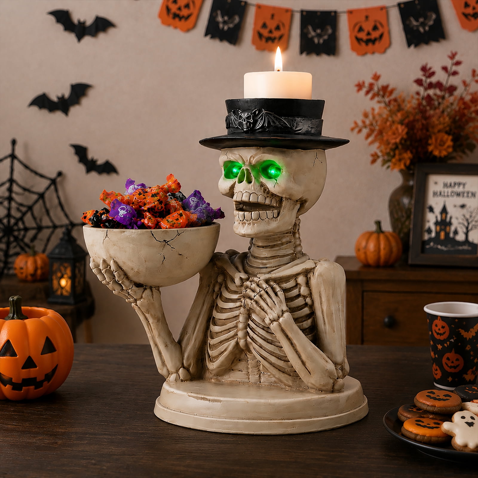 Skeleton Candle Holder with LED Glowing Green Eyes Top Hat Bat Design Resin Halloween Tabletop Decor