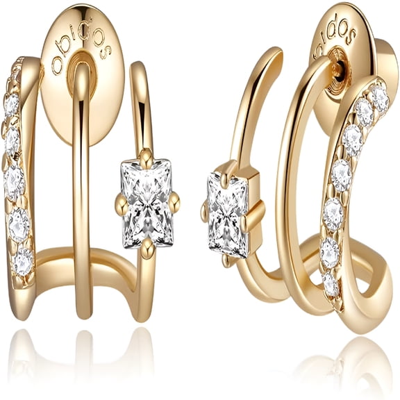DESIGNICE 14K Gold Plated Illusion Stud Earrings for Women | Triple Huggie Hoop Earrings for One Hole | Trendy Simple Hypoallergenic Fashion Accessories Gold Jewelry Gifts for Women