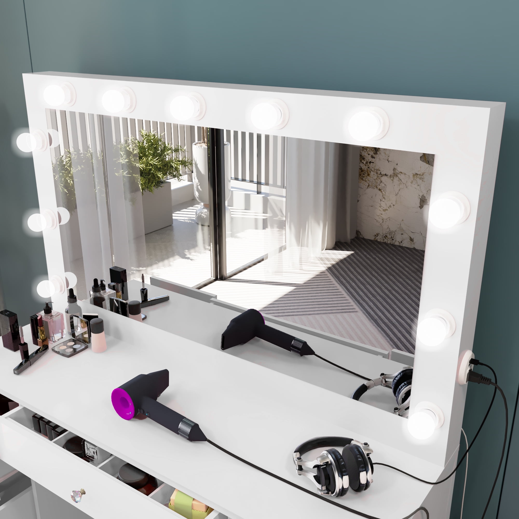 Ember Interiors Tammy White Vanity Desk with Mirror, Lights, Bluetooth Speakers & Storage