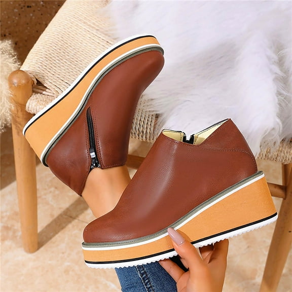 Heisall Womens Boots Winter Solid Color Round Toe Wedge Heel Ankle Boots Casual Fashion