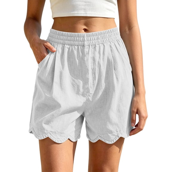 HongQid Women's Linen Blend Casual Shorts Elastic Waist Scalloped Hem Summer Shorts with Side Pockets