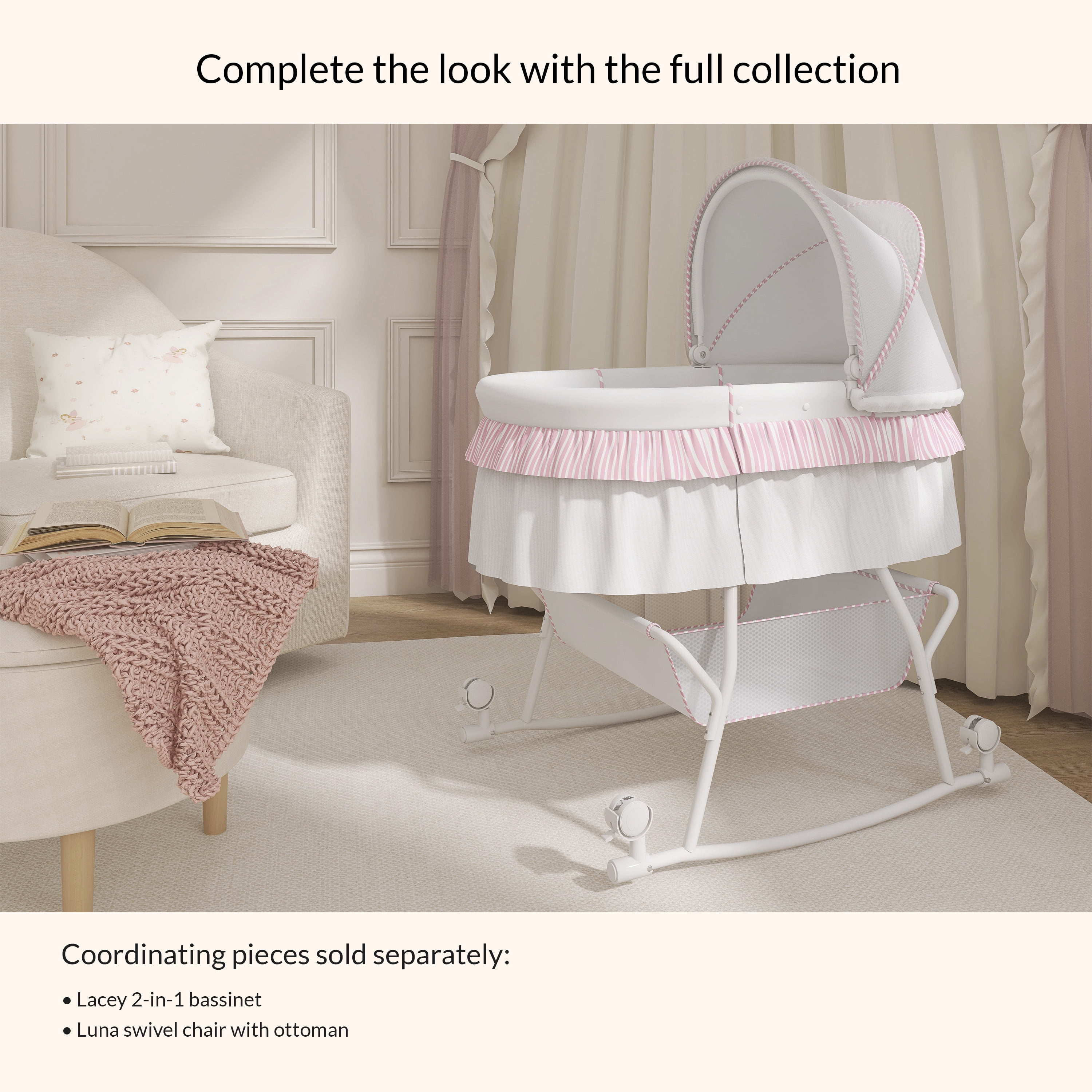 Dream On Me Lacy Portable 2-in-1 Bassinet & Cradle in Pink and White, Lightweight Baby Bassinet