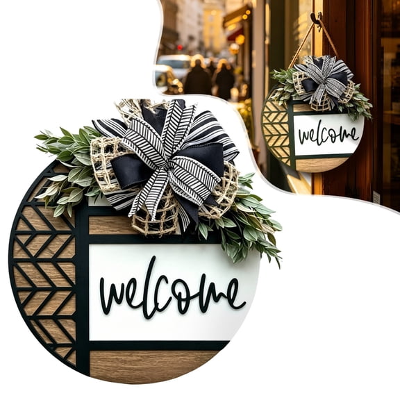 Souew Green M Size Rustic Round Wooden Welcome Sign Front Door Hanging Wreath Farmhouse Wall Ornament for New Home Porch Fence Indoor Outdoor Holiday Decoration