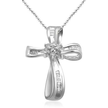 1/4 Carat T.W. Baguette and Round Diamond Sterling Silver Cross Pendant, 18