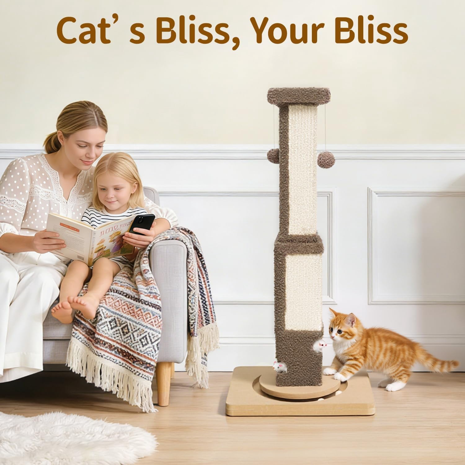 Tall  Scratching Post for Large Cats Kittens, 33 Indoor Sisal Vertical Pole Heavy Duty Square Structure with 4 Interactive Mouse Holes and Track Ball Base, Shields Furniture from Scratches