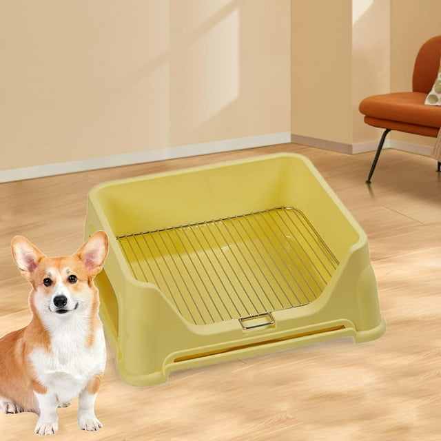 Inodoro para perros con pared protectora, soporte para almohadilla para orinar desmontable, caja de arena para perros de entrenamiento para animales amarillo