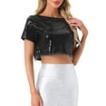 thumbnail image 1 of INSPIRAR CHIC Blusa de Mujer con Lentejuelas Brillantes de Manga Corta Recortada Cuello Redondo con Flecos para Fiesta de Cóctel Top Brillante S Negro, 1 of 5