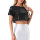 thumbnail image 1 of INSPIRAR CHIC Top de Mujer con Lentejuelas Brillantes de Manga Corta Corto Cuello Redondo con Flecos para Fiesta de Cóctel Top Brillante M Negro, 1 of 5