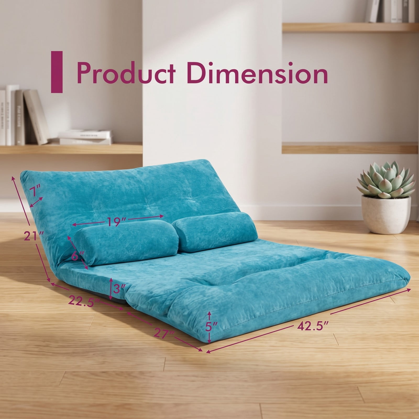 Furnibear 6-Position Adjustable Floor Sofa Bed, Foldable Sleeper Lounge Couch with 2 Pillows, Padded Corduroy Recliner Chair for Living Room Bedroom, 330 lbs, Blue
