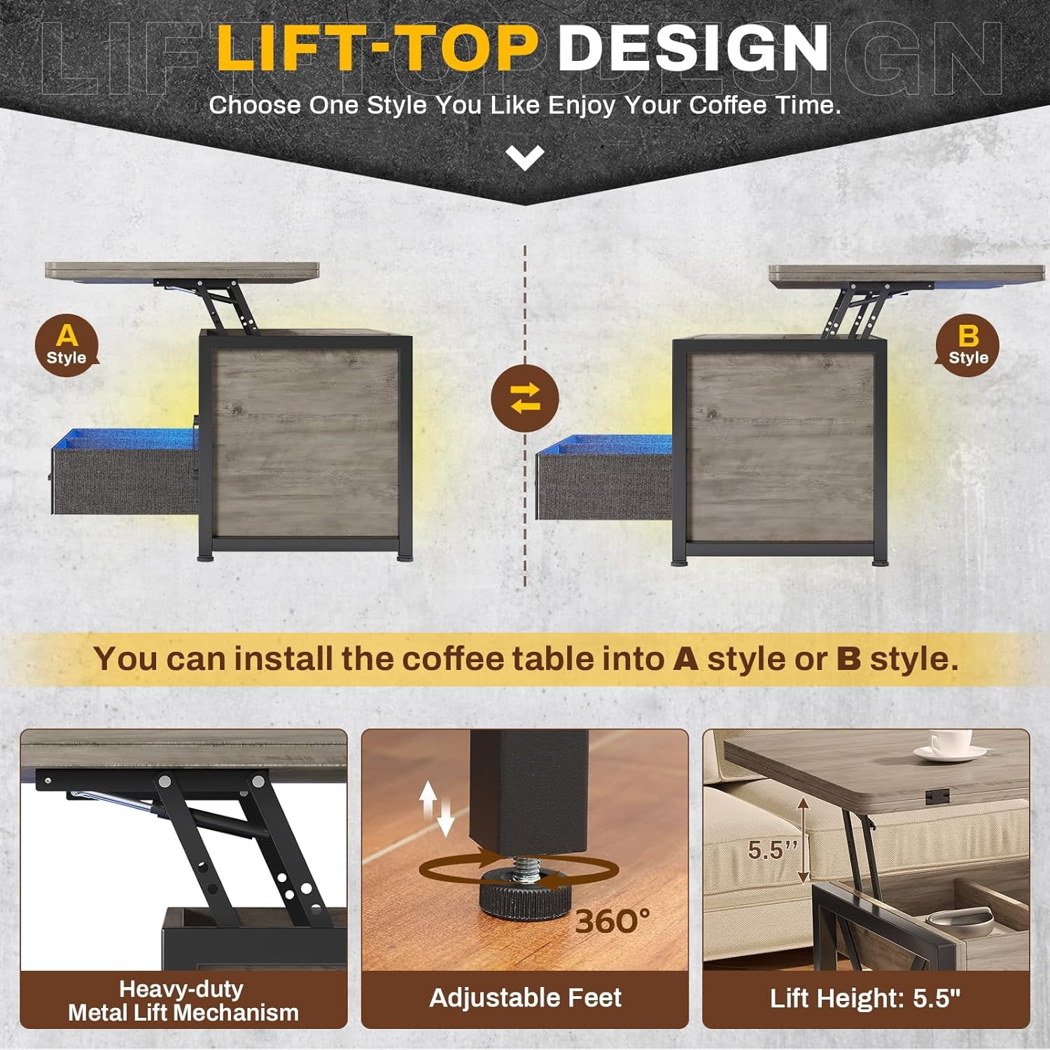 40" Lift Top Coffee Table, 4 in 1 Coffee Tables with Storage Cabinet for Living Room, Small Farmhouse Coffee Table with 2 Fabric Drawers & LED Light for Dining Room, Grey