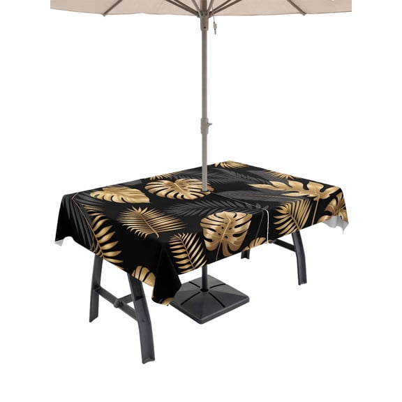 60x84 Inch Outdoor Tablecloth with Umbrella Hole Zipper Rectangle Black Golden Palm Leaf Rectangular Tablecloths Outside Waterproof Tropical Plant Modern Luxury Patio Table Cover for Picnic Party