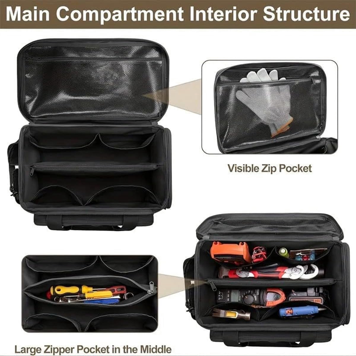 14-Inch Heavy-Duty Canvas Tool Bag, Large Wide-Mouth Utility Tote with Ergonomic Handle, Adjustable Shoulder Strap, Perfect for Electricians, Plumbers, Handymen