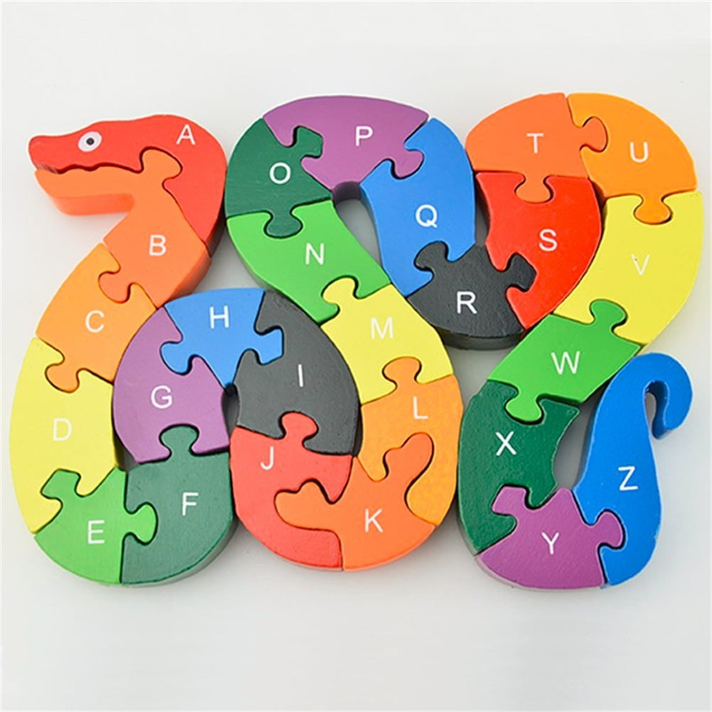 26pcs Alphabet Wooden Puzzle Jigsaw Kids Number Block Preschool Snake ToySK 