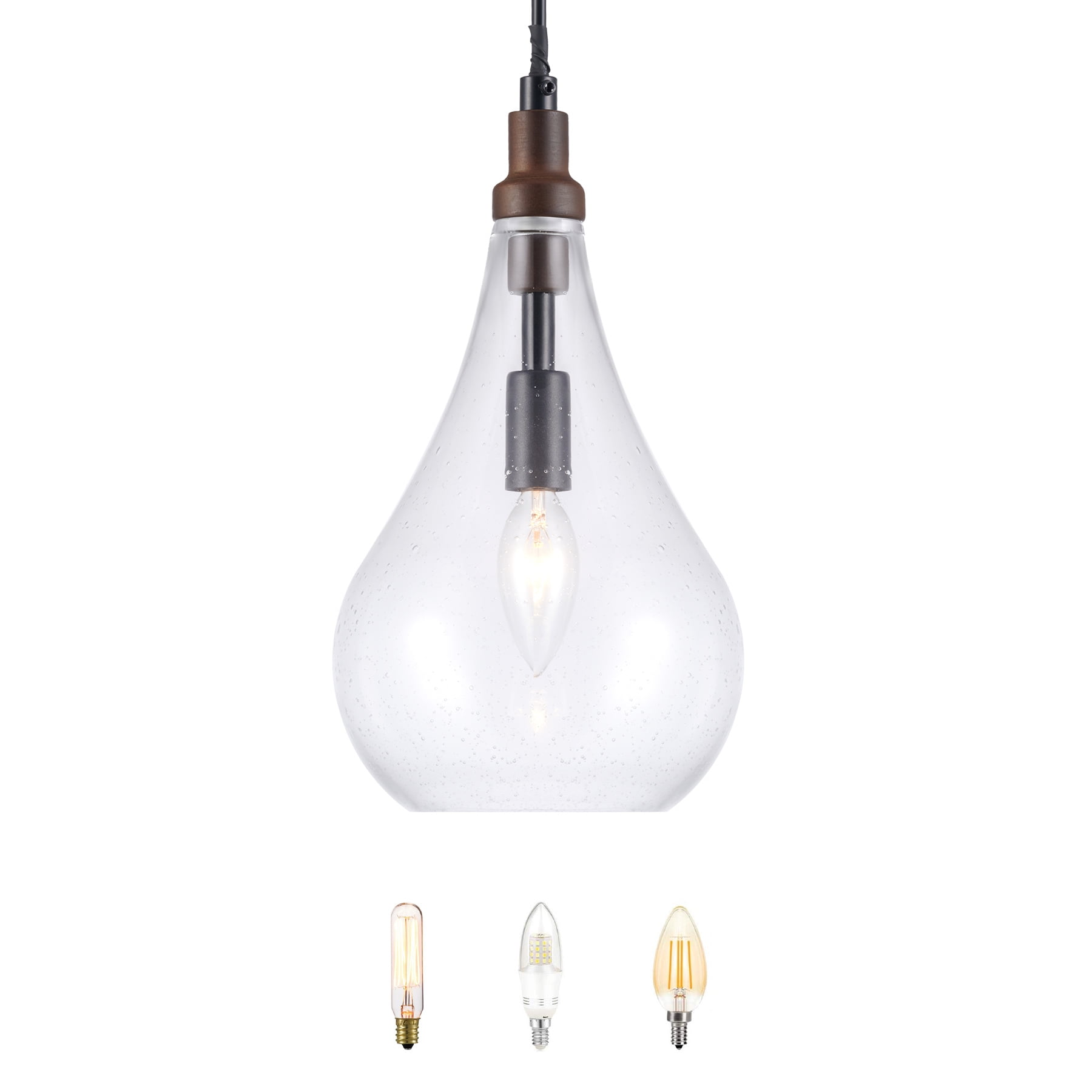 Farmhouse Semi Flush Mount Ceiling Light Fixture with Teardrop Glass Shade and Wood Accent for 40W E12 Bulbs, Walnut and Black Finish