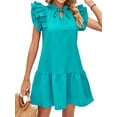 thumbnail image 3 of HUBERY Women Lace Up V Neck Layered Ruffle Sleeves Flouncing Hem Mini Dress, 3 of 7