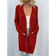 thumbnail image 6 of Women'S Autumn and Winter Long Sleeve Cardigan Sweater Cable Knit Front Button Long Coat Rust Red L, 6 of 7