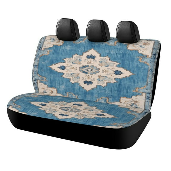 Blue Floral Medallion Rug Car Rear Seat Covers Back Elastic Flexible Car Seat Covers Decorative Fits Most Cars, SUVs, Trucks And Vans