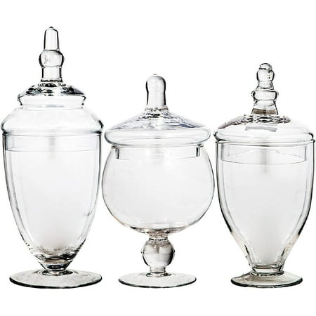 Apothecary Jars with Lids Set of 3 - Candy Jars for Candy Buffet, Glass décor, Laundry Room, Potpourri, and Bathroom