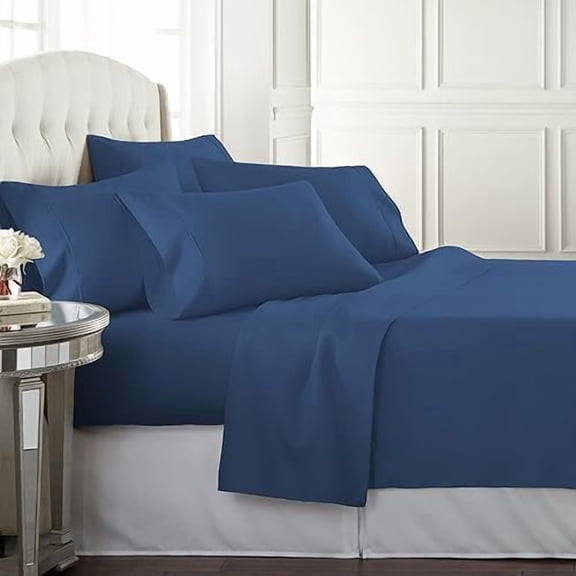 Bed Sheet Set Queen Size for Hot Sleepers, Hotel Premium Sheets with 4 Pillowcases, Lightweight Brushed Microfiber Deep Pockets, Breathable Cooling 6 Piece Bedding Sets, Navy