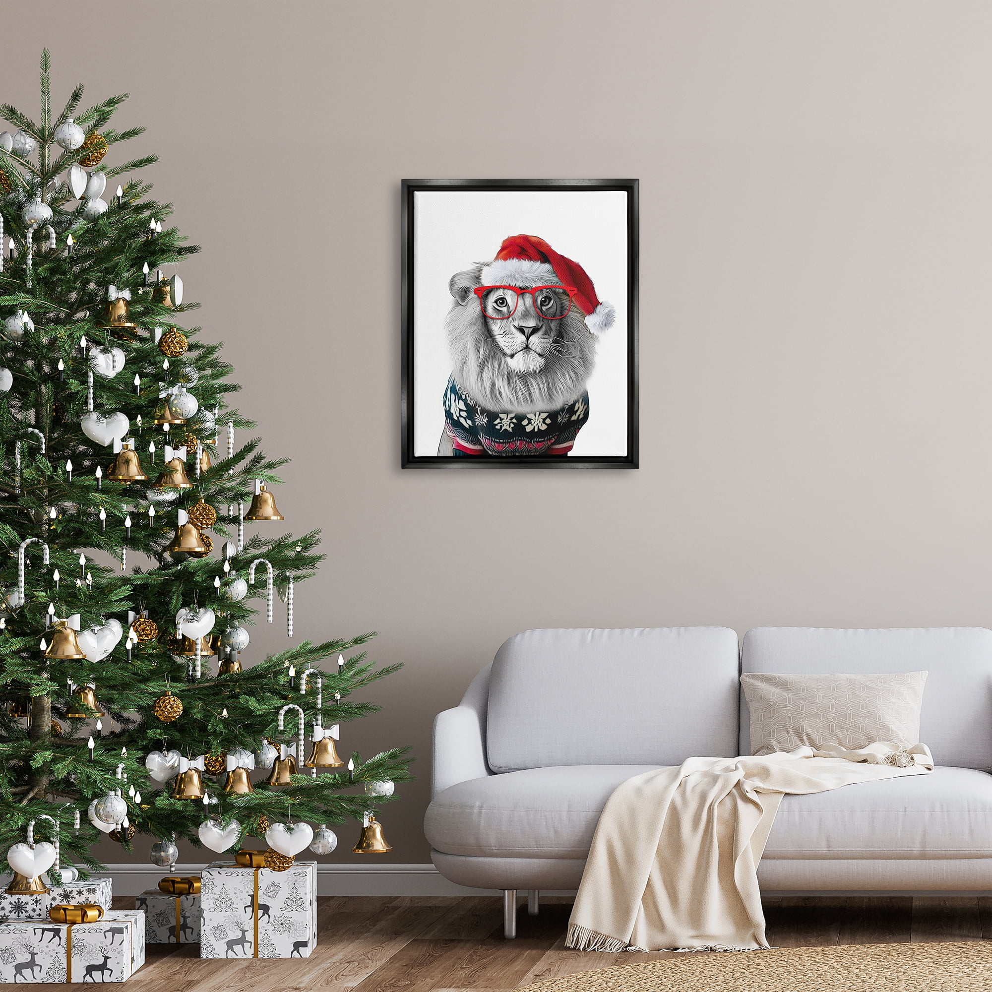 Stupell Industries Lion in Christmas Sweater Holiday Painting Black Floater Framed Canvas Art Print Wall Art, 25 x 31