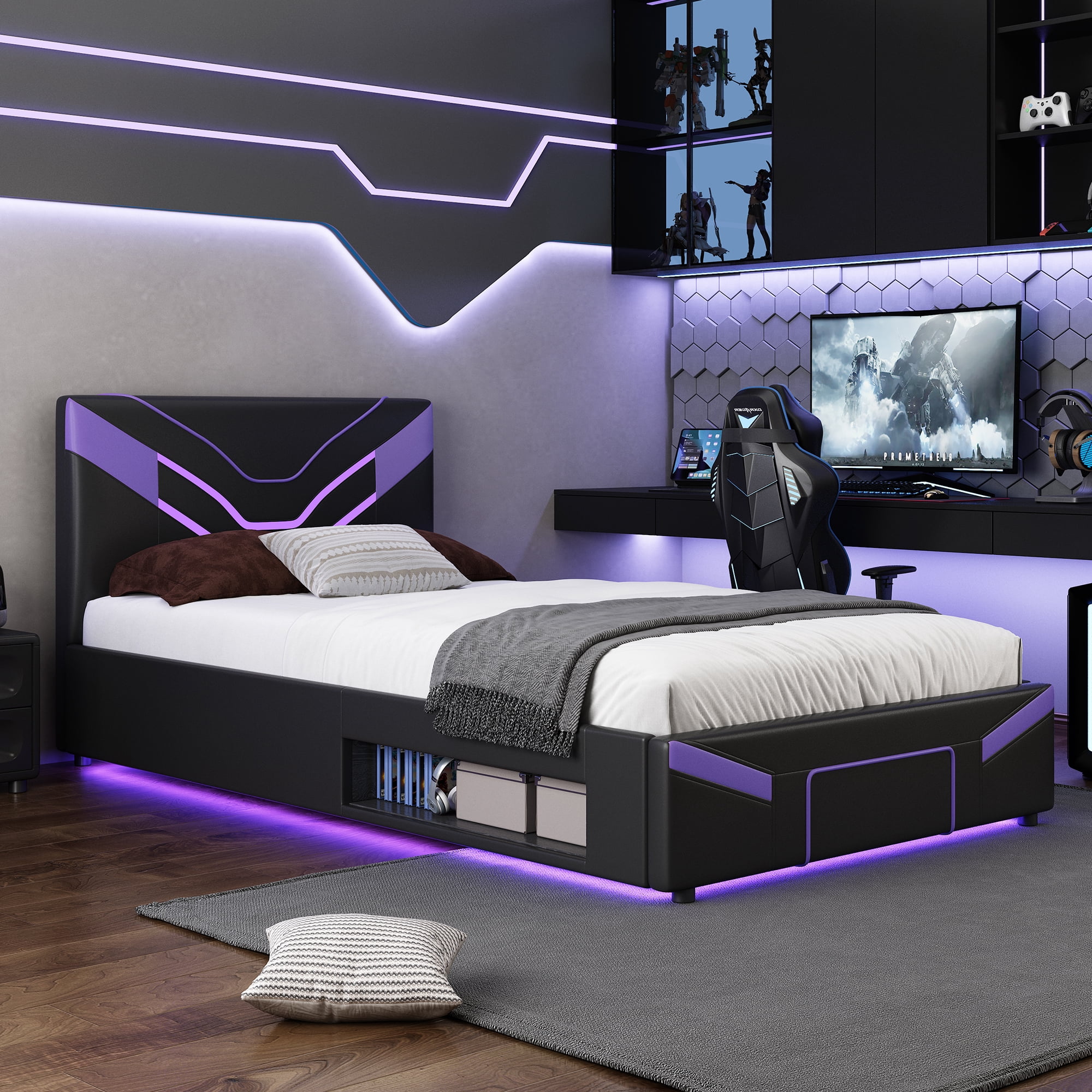 Twin Size Upholstered Gaming Bed Frame with LED Lights, PU Leather Platform Bed with Storage Shelf, 2 Steel Drawers, Purple